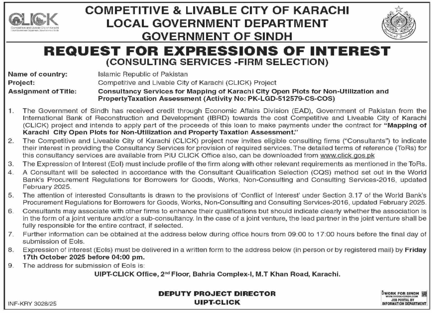 Local Government Department Sindh Tender Notice